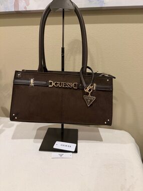 GUESS Dark Brown Suede Satchel with Gold Hardware